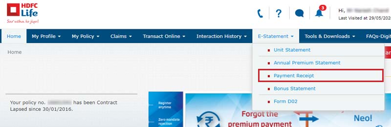 HDFC Life Payment Receipt