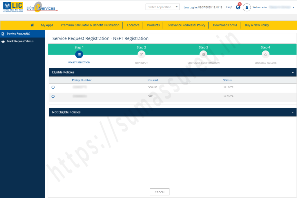 register NEFT details in LIC online