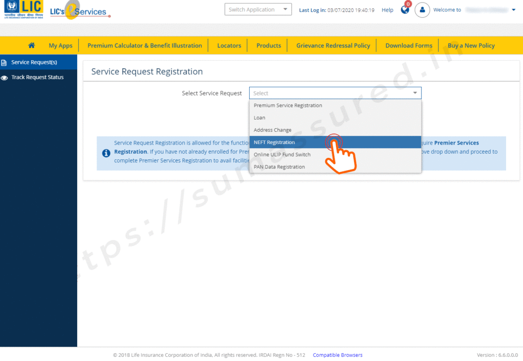 how register NEFT details in LIC online