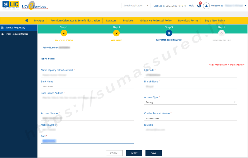 register NEFT details in LIC online