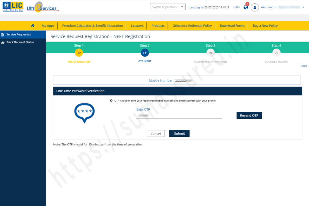 register NEFT details in LIC online