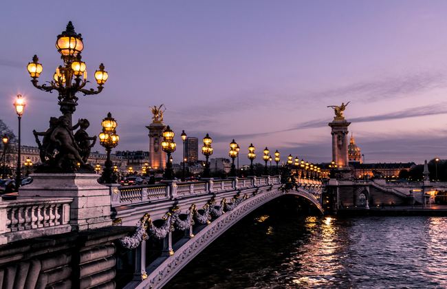 Bridge at night in Paris, France