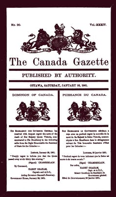 A copy of the Canada Gazette. Masthead reads The Canada Gazette, publish by authority.