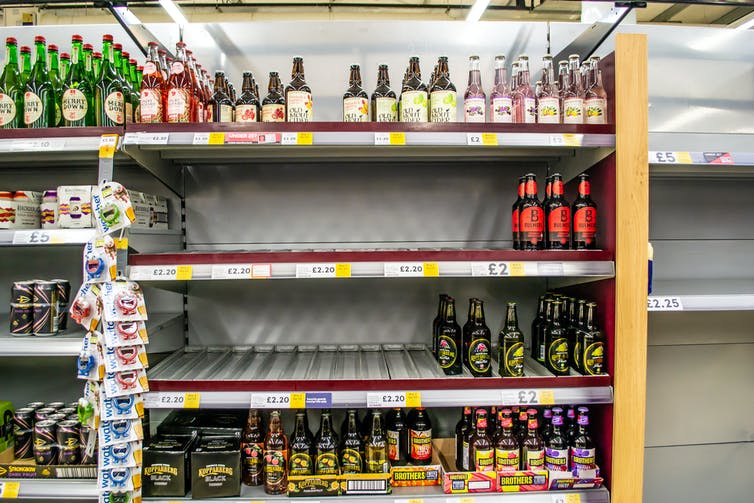 An empty shelf in a supermarket's alcohol aisle, in Rutland, England