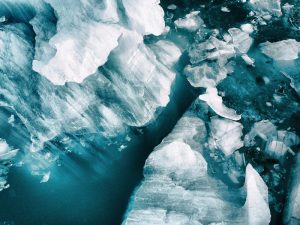 Small icebergs broken off from the large glacier at Vatnajökull, Iceland. Image was taken with a drone.