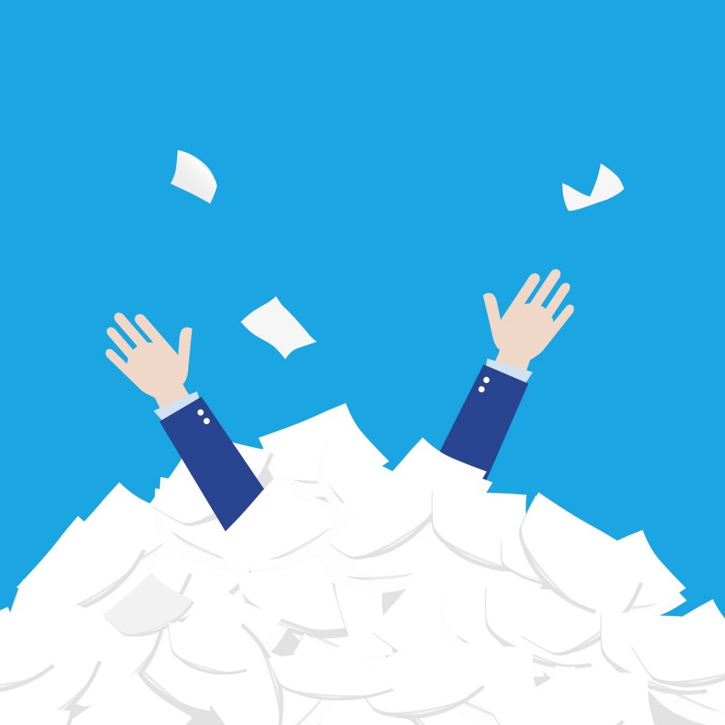 Man with his hands up in a pile of papers. Business concept. Vector illustration.