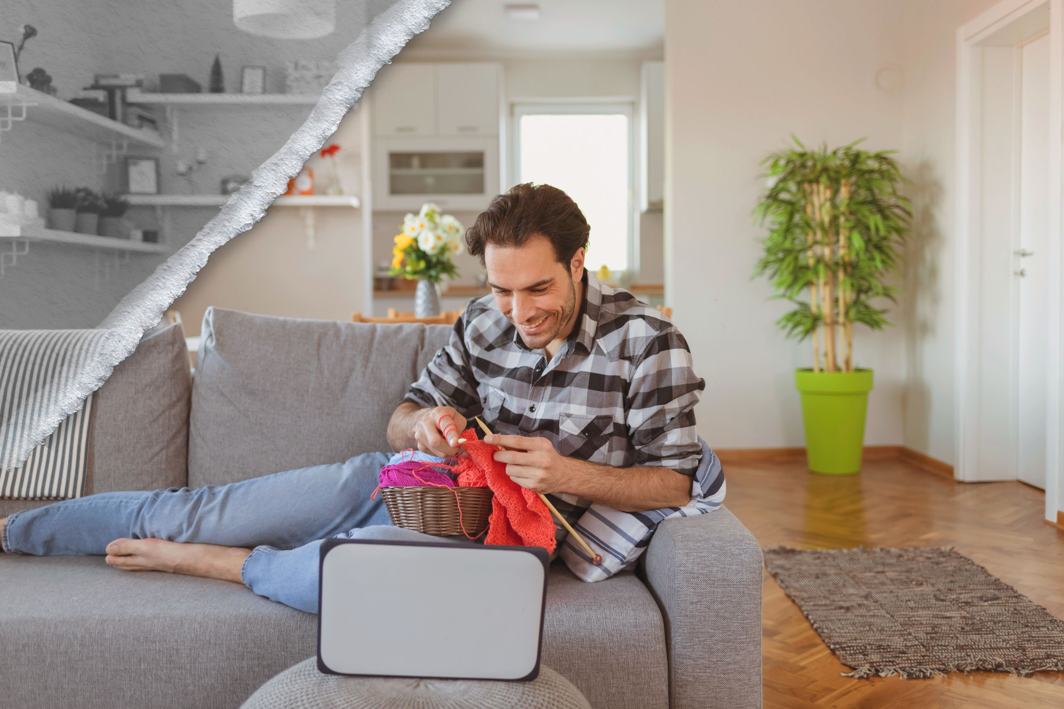 A man knits in front of his tablet while volunteering virtually