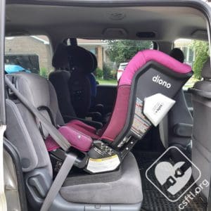 Diono Radian 3QXT installed rear facing with vehicle seat belt and angle adjuster