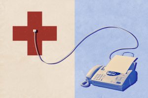 A fax machine and a health care symbol are seen connected in this photo illustration.