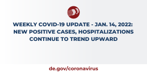 Graphic with DHSS logo and these words, Weekly COVID-19 Update - Jan. 14, 2022. New Positive Cases, Hospitalizations Continue to Trend Upward