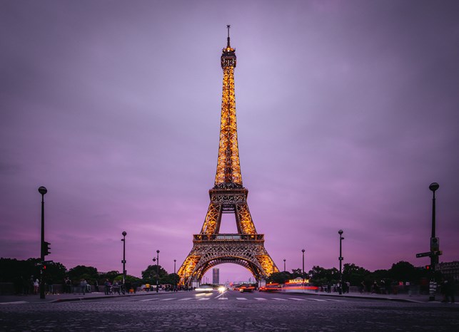 Eiffel Tower at night in Paris, France