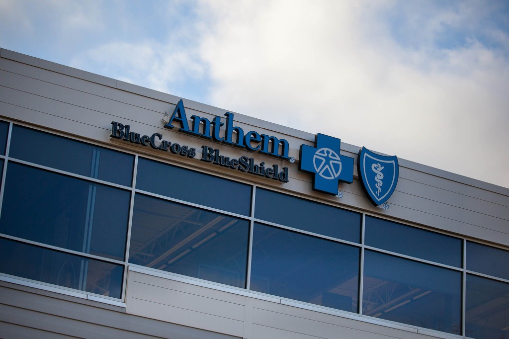 Signage is displayed on the exterior of an Anthem Inc. Blue Cross Blue Shield office building in Wallingford.