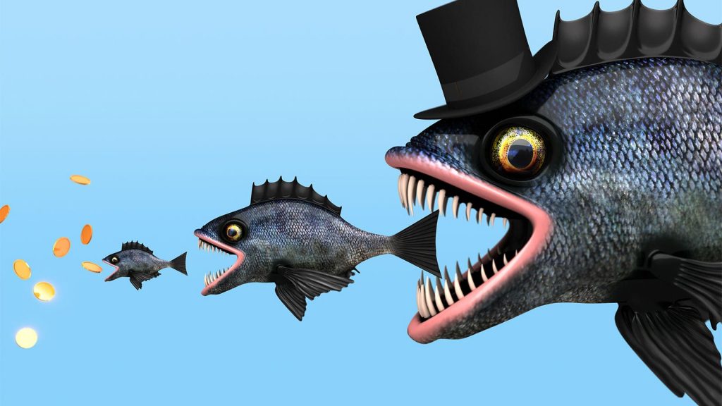 A computer rendering of a large fish about to eat a smaller fish who is about to eat a smaller fish who is eating gold coins