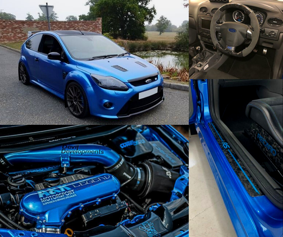 A photo collage of Chris' Liquid Azure Blue Ford Focus RS MK2 insured by Safely Insured