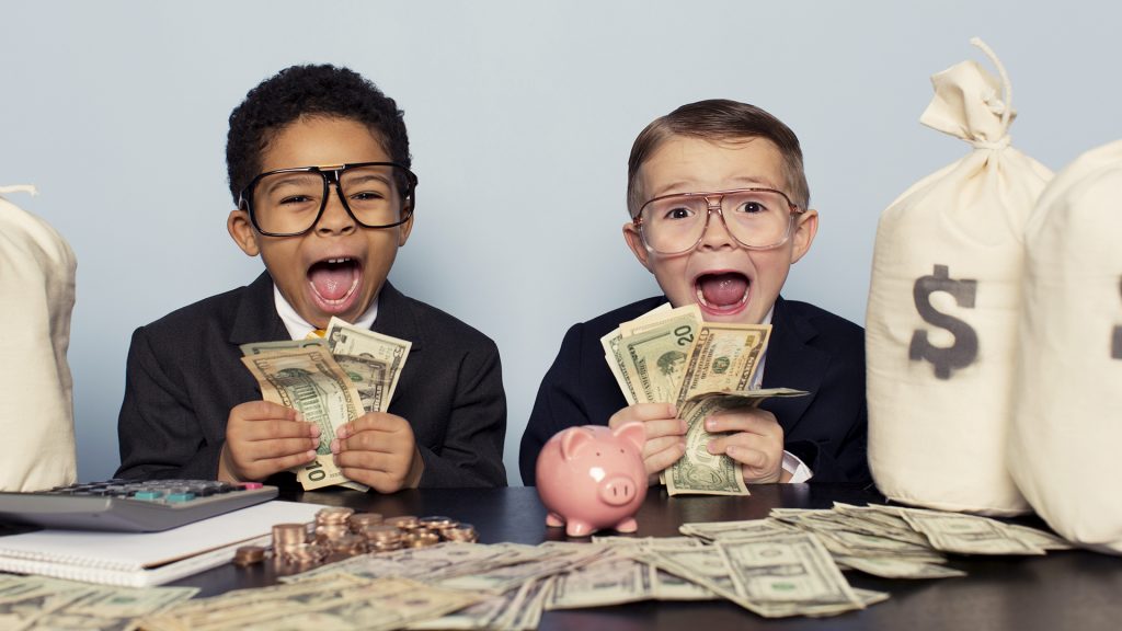 A couple of young businessmen are astounded by the profits coming in.