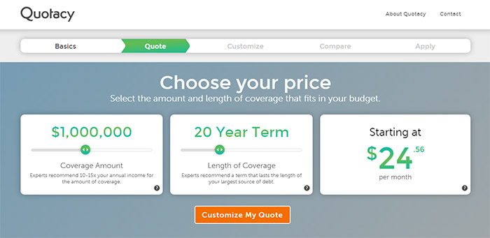 Quotacy term life insurance tool showing quote for 20-year 1000000