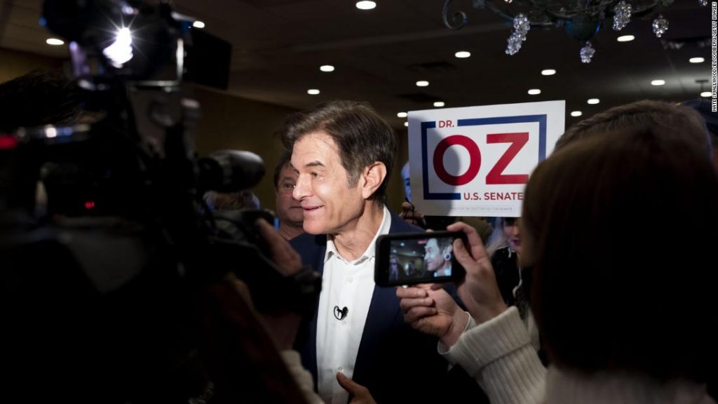 Dr. Mehmet Oz, celebrity physician and Republican US Senate candidate in Pennsylvania, speaks to members of the media following a campaign event at a restaurant in Greensburg, Pennsylvania, on January 26, 2022.