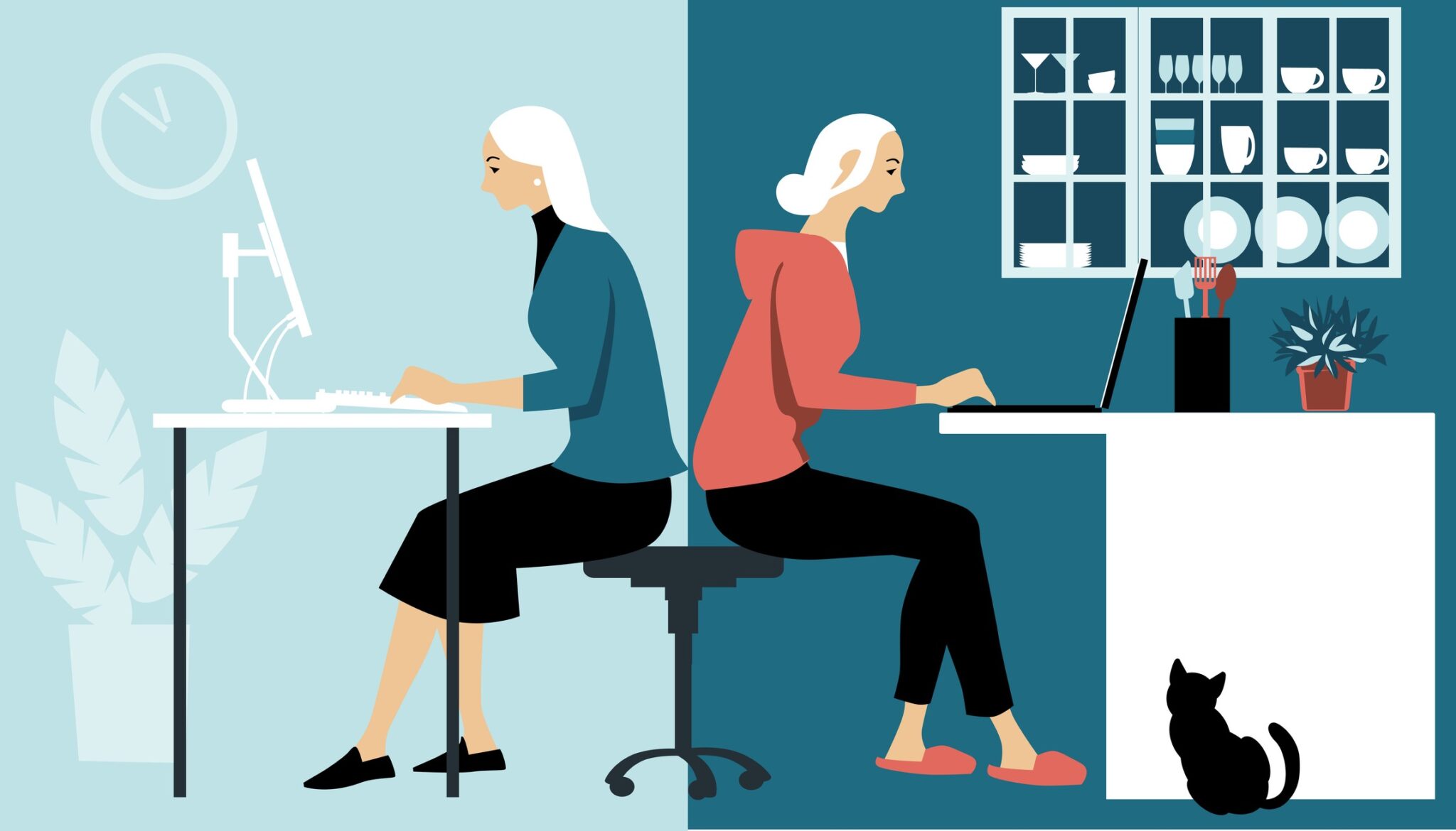 Woman in hybrid work place sharing her time between an office and working from home remotely, EPS 8 vector illustration