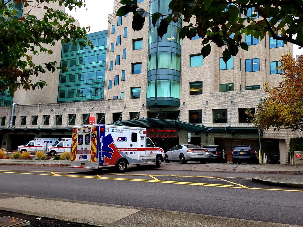 An ambulance outside Oregon Health & Science University's emergency department.