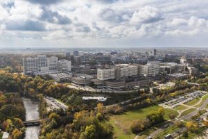 An aerial view of University of Michigan Hospital.