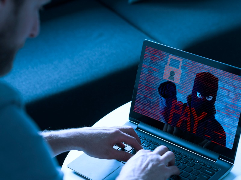 Man types on his laptop. An image of a masked man holding a padlock and the text "pay" shows up on his screen.