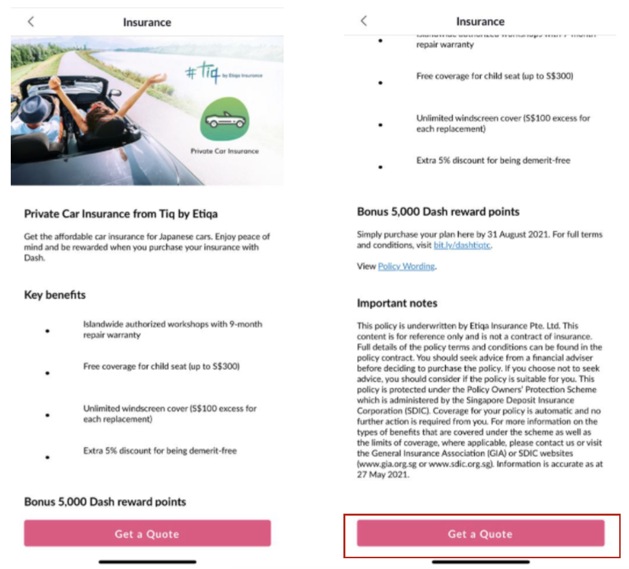 Singtel Dash app Etiqa Tiq insurance plans term life maid motor