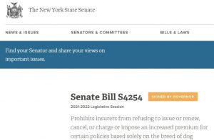 Refusing to Issue or Renew, or Cancelling or Charging More for a Homeowners Insurance Policy Based on Certain Dog Breeds Will Be Illegal in New York State Come January 28, 2022