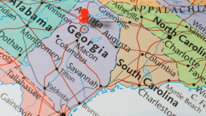 A map of the south-east region of the United States with Georgia in the center of the picture.