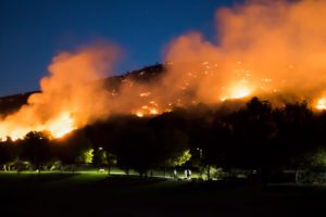 Hill on Fire Just Behind Suburban Park at Night during Californi