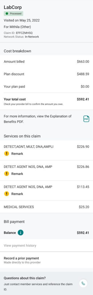 Being charged over $500 for an "experimental" test