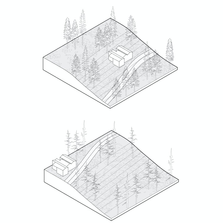 Illustration of a home set back from a road on a steep hillside