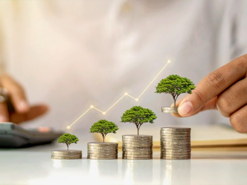 A businessman holding a coin with a tree that grows alongside a stack of coins, increasing in height