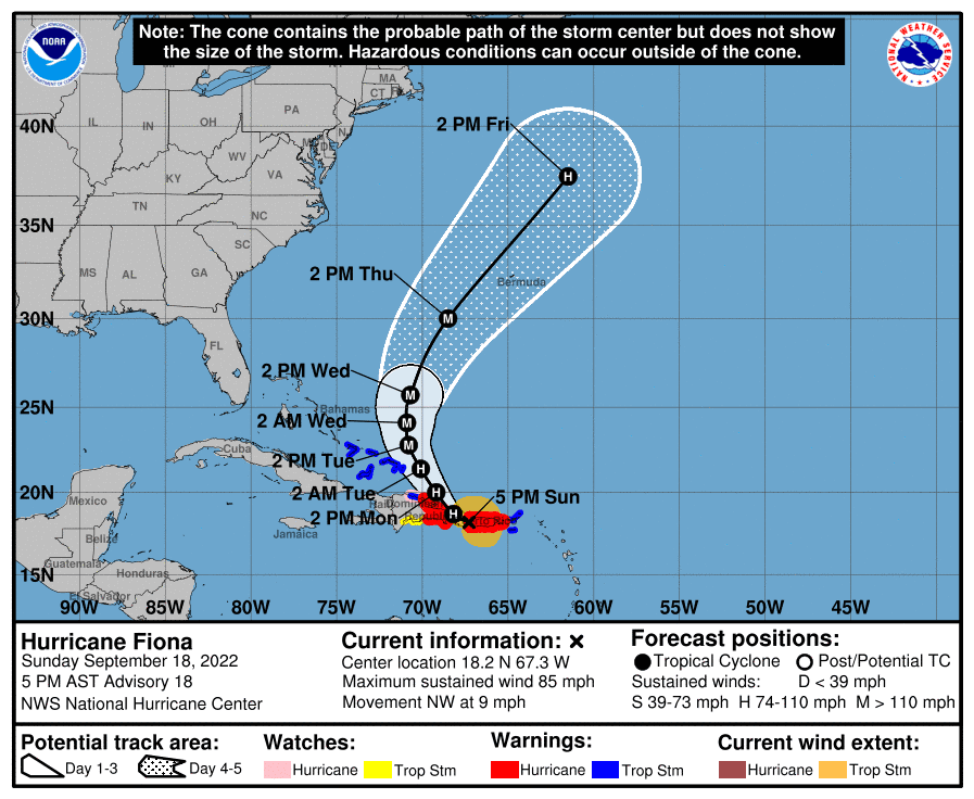 Tropical storm Fiona forecast path and cone