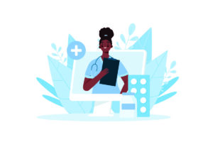 An illustration of a friendly physician on a computer monitor, with medication alongside