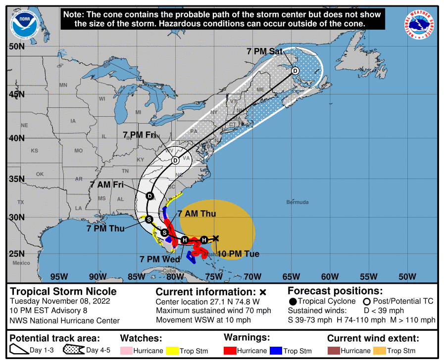 Tropical storm Nicole NHC cone, forecast path, track and map