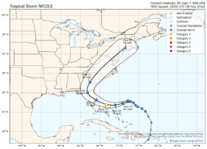 Tropical storm Nicole forecast path, track and map