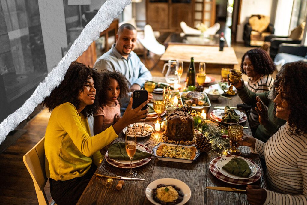 A family enjoys a celebratory dinner together.