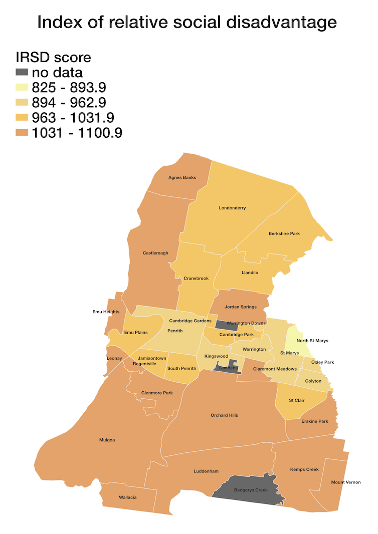 Map showing the index of relative social disadvantage for each suburb across a local government area