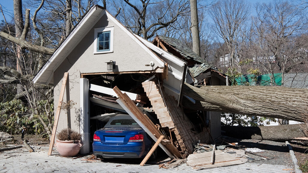 storm damage from tree onto a garage and car