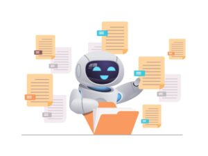 Robot sorting documents to represent AI helping insurance adjusters manage claims