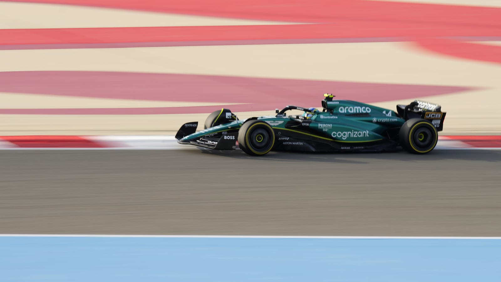 Aston Martin driver Fernando Alonso of Spain steers his car during a Formula One pre season test at the Bahrain International Circuit in Sakhir, Bahrain, Friday, Feb. 24, 2023.(AP Photo/Frank Augstein)