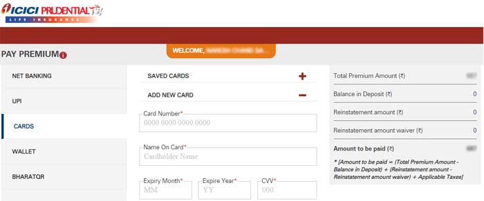 ICICI Pru Payment by Card