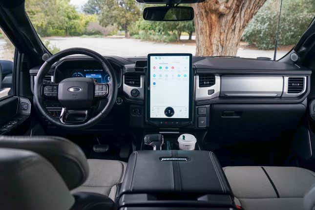 The two-tone interior of the 2023 Ford F-150 Lightning truck.
