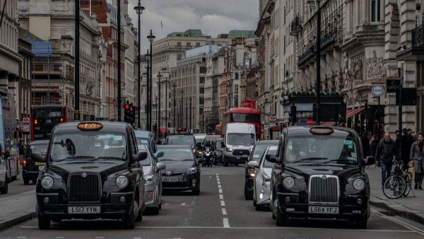 London roads with taxis and vans