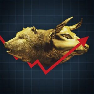 Stock market crash and recovery illustration: Heads of bear and bull on a falling and rising stock chart