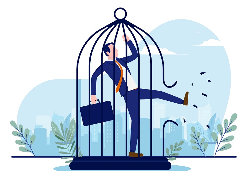 Man kicking a cage open to find freedom. Break free from work, and life change concept. Vector illustration with white background