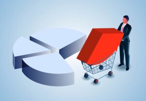 Business or financial marketing share, marketing strategy and profit distribution, share and equity, isometric businessman trolley pushing and sharing part of pie chart