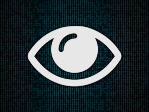 An icon of an eye on a pixel binary code background.