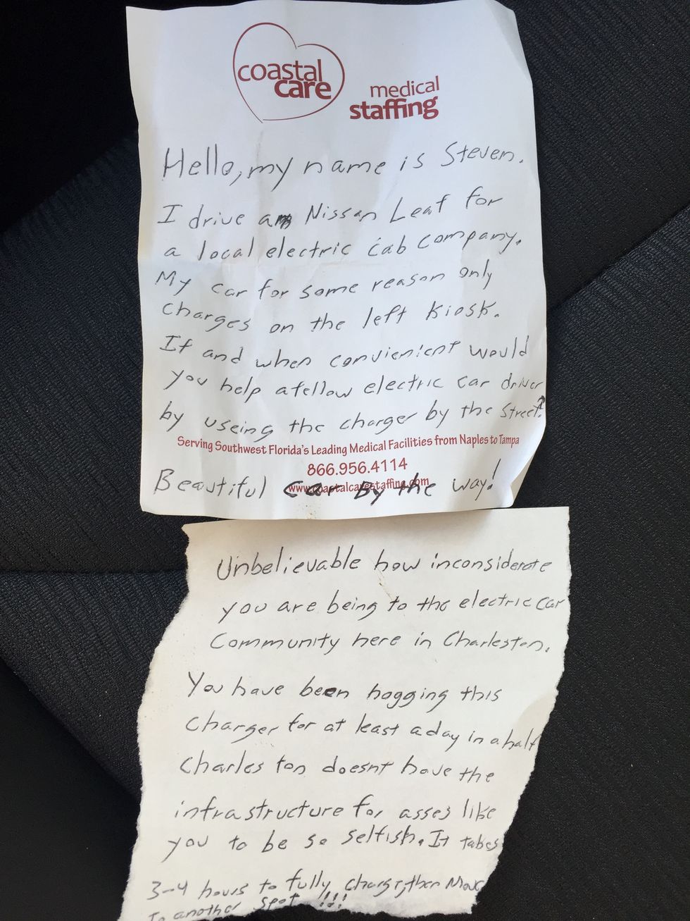 angry note on a tesla about charging too long