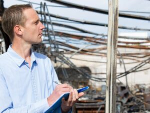 Insurance adjuster examining a building destroyed by fire